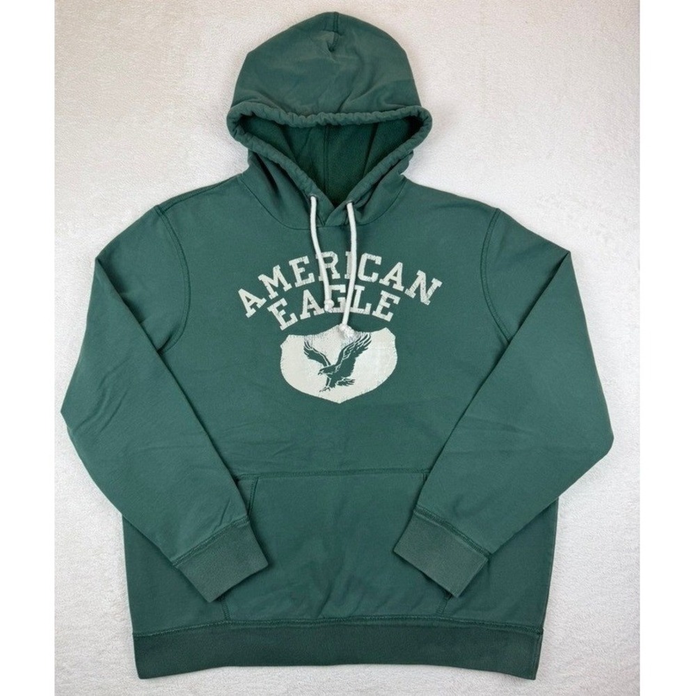 American Eagle Y2K Mens Green Vintage Graphic Logo Fleece Pullover‎ Hoodie XL